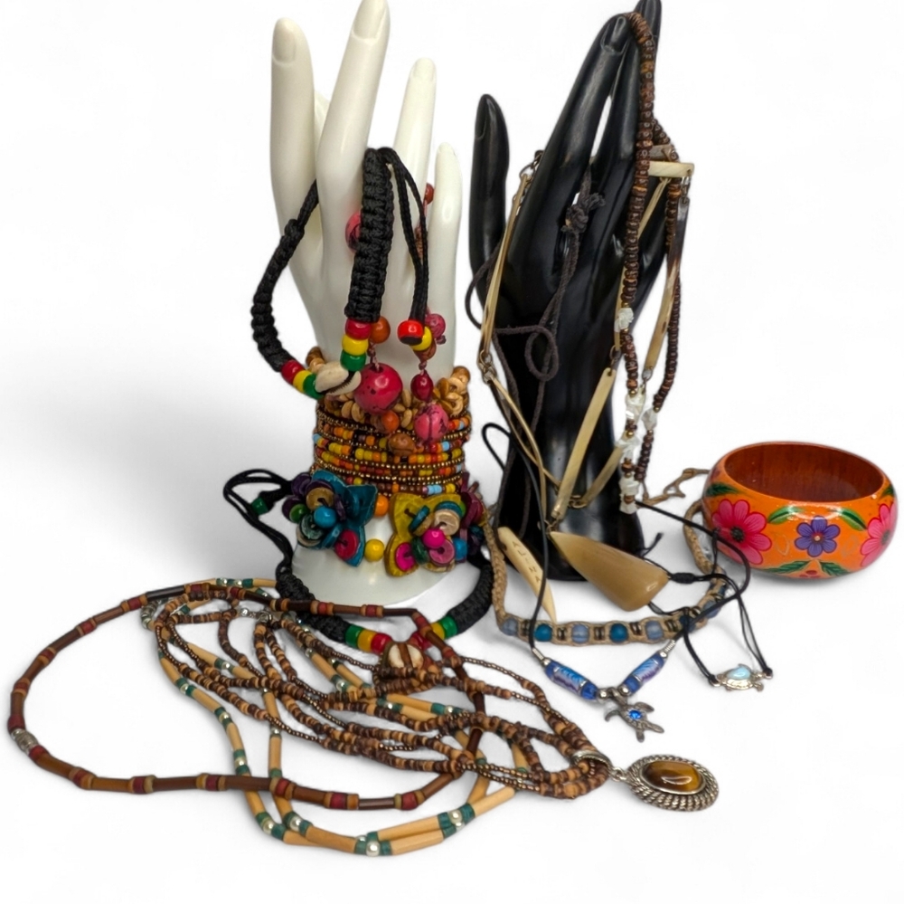 Boho Jewelry Lot Wood Bead Necklaces Bracelets Shell Indie Hippie Festival - Picture 2 of 14